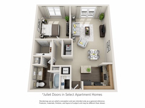 Floor plan for 1 bed, 1 bath, 796 sqft